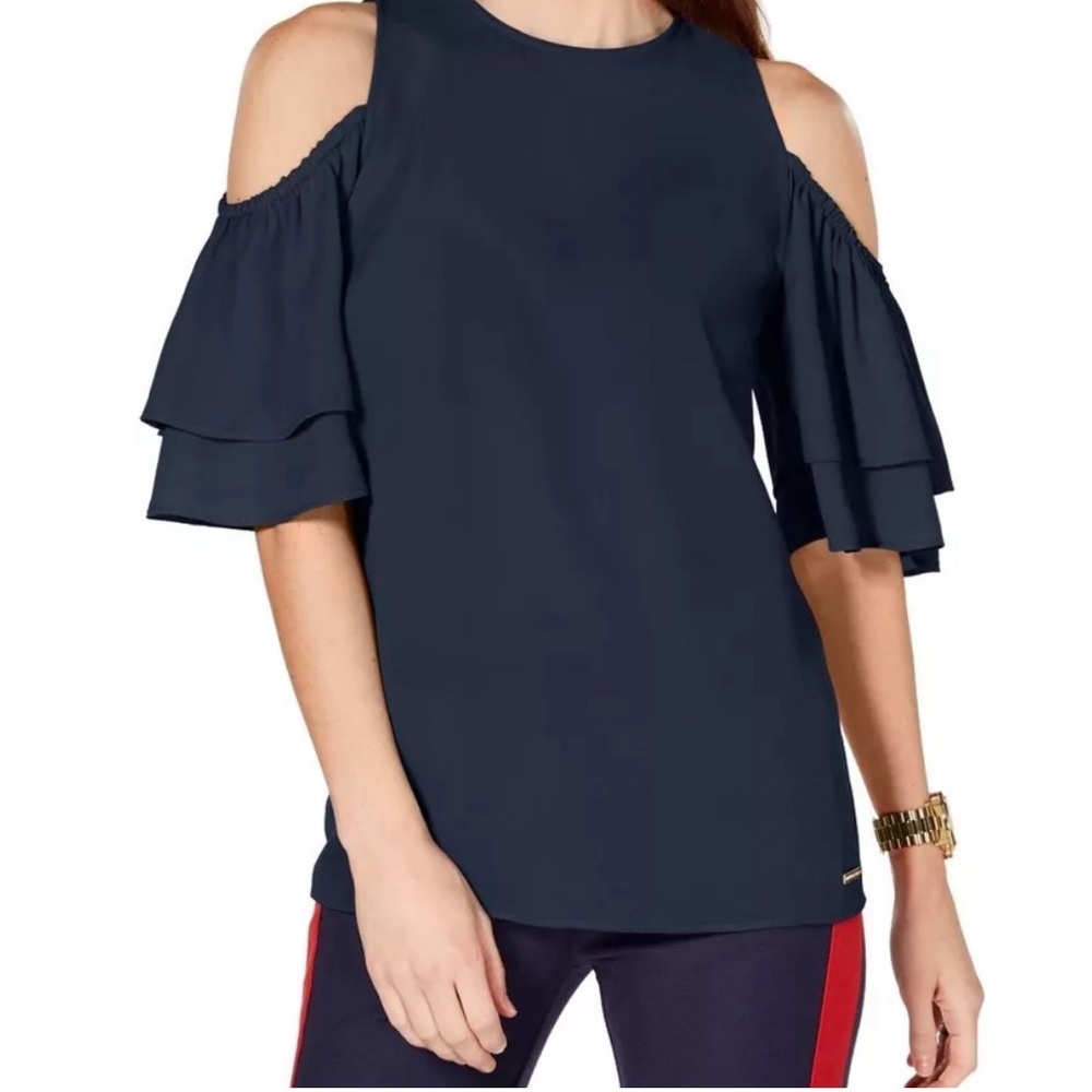 MICHAEL Michael Kors Navy Cold Shoulder Ruffle Sleeve Blouse Top Large